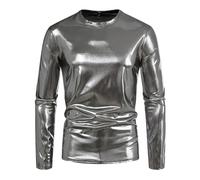 Maglia da uomo metallizzata lucida, a maniche lunghe, con scollo rotondo, slim fit, comoda, a maniche lunghe, effetto bagnato, con glitter per discoteca, 70, 80 pezzi, O argento, S