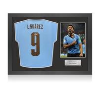 Maglia dell'Uruguay autografata da Luis Suarez. Cornice iconica
