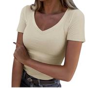 Maglia Donna con Scollo a V Elegante Maglietta Cotone a Maniche Corte T-Shirt Basic Aderente Top a Coste Elasticizzato Sexy Traspirante Comfort Abbigliamento Estivo Offerte Lampo del Giorno