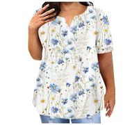 Maglia donna con stampa floreale casual taglie forti scollo a v tasca manica corta top casual top angelo ali nero donna, Azzurro, L