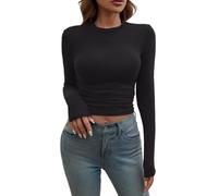 Maglia Donna Manica Lunga Scollo a V con Bottoni Women's Long Sleeve Shirts Crew Neck Slim Fit Going out Tops Basic Tees Barely There T-Shirt Solido Tinta Unita Attillata Maglietta (Black S)