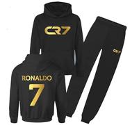 Maglia e pantaloni da calcio per bambini, con felpa con cappuccio e pantaloni da jogging Ronaldo #7 GOAT, maglia Al Nassr, regalo per ragazzi, Nero , 12-13 Years