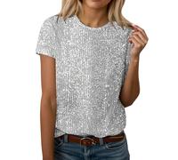 Maglia estiva con scollo rotondo 2026 con top a maniche corte con paillettes alla moda, abbinata a un top casual ed elegante in tinta unita, bianco, XL