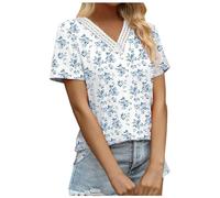 Maglia estiva da donna, a maniche corte, con scollo a V, in pizzo, per lavoro, casual, da donna, alla moda, a buon mercato, Azzurro, M