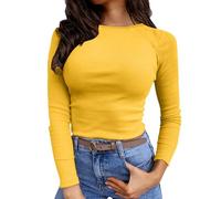 Maglia Gialla Donna, Basic Slim Fit Maglietta Maniche Lunghe, Elegante Tinta Unita Maglia Termica, Casual Y2K Leggero Elasticizzata Top, per Autunno Invernale