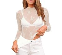 Maglia in pizzo a maniche lunghe Vedi attraverso i top per le donne sovrapposizione di pizzo floreale carino chiaro aderente magliette magliette estive sovrapposizione in rete floreale ricamato