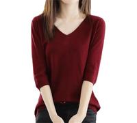 Maglia intima da donna con scollo a V a maniche corte a maniche corte a cinque maniche larghe, Vino rosso, M