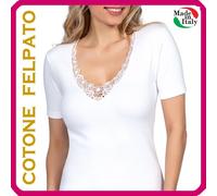 Maglia intima donna caldo COTONE FELPATO manica corta invernale termica in pizzo
