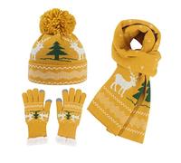 Maglia invernale da donna con guanti abbinati, sciarpa, set da tre pezzi per le giornate fredde, design natalizio americano europeo, giallo., Taglia unica
