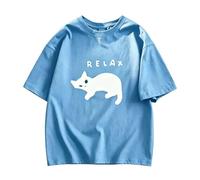 Maglia larga cotone stampa gatto bianco rilassato RELAX - Blu Cielo - 3XL