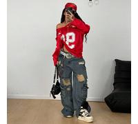 Maglia lunga a maniche lunghe con scollo a V rossa, grafica in rete per l'abbigliamento da strada da donna e uomo per la stagione estiva L,M,S,XL,XSLettereTessuto in maglia