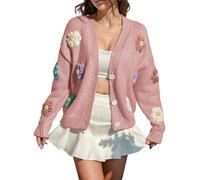 Maglia Lunga Donna per Leggings Cardigan in Maglia a Coste da Donna con Bottoni Ricamati e Applicazioni Maglia Oversize Donna Lunga Maglia Sportiva Donna (Pink, L)
