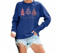 Maglia natalizia da donna, a quadretti, con stampa albero, maglietta natalizia, a maniche lunghe, felpa, maglietta per le vacanze, top per il sonno da donna, Blu, L
