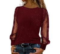 Maglia Paillettes Donna Elegante Mesh Trasparente Glitterato Camicia Manica Lunga Scollo a Rotondo Brillantini Festa Magliette Classica Tunica Tops Moda Paillettes Magliette per Capodanno Carnevale