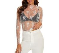 maglia rossa donna elegante, Top Trasparente Donna a Manica Lunga Top Donna Discoteca in Pizzo Maglietta in Rete Tops Slim Fit T Shirt in Tulle Camicetta Basic Slim Fit T-Shirt Party Clubwear