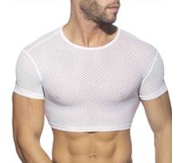 Maglia sexy maschile con motivo floreale a maniche corte per discoteca performance occasioni speciali, bianco, L