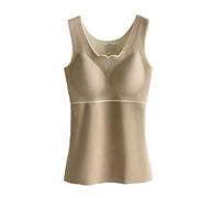 Maglia termica da donna senza maniche, con scollo a V, con reggiseno integrato, foderata, in pile, termica, per l'inverno, cachi, XXL