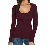 Maglia Termica Donna Manica Lunga Girocollo Maglie T-Shirt da Donna Tinta Unita Scollo Basso a U Fondo Sottile Top a Maniche Lunghe Aderente Maglietta Blusa Elegante Leggeri (Wine M)
