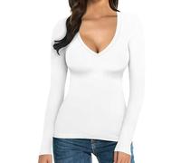 Maglia Termica Donna Manica Lunga Invernale Magliette Maniche Lunghe Elegante Tinta Unita Top Basic Classica Leggere Autunno Maglietta Scollo a V Elastico Curvy Taglie Forti Camicia Morbida Sportive