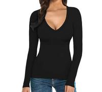 Maglia Termica Donna Manica Lunga Invernale Magliette Maniche Lunghe Elegante Tinta Unita Top Basic Classica Leggere Autunno Maglietta Scollo a V Elastico Curvy Taglie Forti Camicia Morbida Sportive