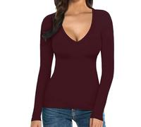 Maglia Termica Donna Manica Lunga Invernale Magliette Maniche Lunghe Elegante Tinta Unita Top Basic Classica Leggere Autunno Maglietta Scollo a V Elastico Curvy Taglie Forti Camicia Morbida Sportive