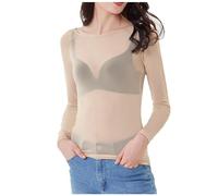Maglia Trasparente Donna in Tulle con Colletto Tondo e Maniche Lunghe Maglietta Trasparente Top Elegante Curvy sotto Giacca Sexydonna Sottogiacca Y2K Casual per Autunno Primavera Feste Uscire Casa,M