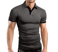 Maglia Uomo con Blocchi di Colore, Estiva a Maniche Corte, Collo a V Modello Henley, Casual per Lavoro, Spiaggia e Big And Tall, Taglio Slim(Dark Gray, L)