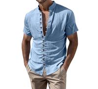 Maglia Uomo Manica Corta Giacca Camicia Uomo Tessuto Lino e Cotone con Bottoni, Taglio Classico Modello alla Moda Stile Atletico(Cielo bluS)