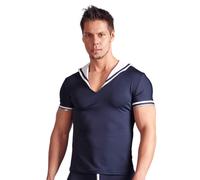 Maglia Uomo Travestimento Marinaio Blu Microfibra Manica Corta Colletto Bianco