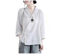 Maglie a Maniche Lunghe da Donna, Abito Tradizionale Cinese Tang, Camicia Ampia Hanfu, Camicette Eleganti Zen Tea Wear,White-L