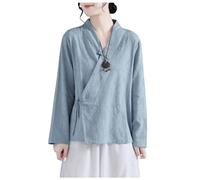 Maglie a Maniche Lunghe da Donna, Abito Tradizionale Cinese Tang, Camicia Ampia Hanfu, Camicette Eleganti Zen Tea Wear,Blue-XL