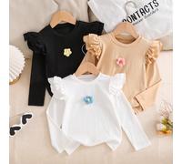 Maglie casual a maniche lunghe per ragazze, disponibili in più colori, design con spalle arricciato per un tocco dolce, decorazione floreale sul petto per uno sguardo adorabile, adatto da abbinare a j
