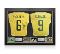 Maglie del Brasile autografate da Roberto Carlos e Ronaldo. Incorniciate.