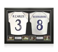 Maglie del Real Madrid autografate da Roberto Carlos e McManaman. Incorniciate.