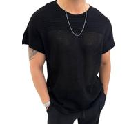 Maglieria Uomo Temperamento retrò Moda T-Shirt Casual Morbido Traspirabile Manica Corta Unico Scavato Progettazione Top in Maglia I-Black M