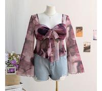 Maglietta a campana con scollo a cuore e maniche lunghe, adatta a donne di taglia curvy, ideale per il rientro a scuola o per le vacanze 0XL,1XL,2XL,3XL,4XL,5XLTie Dye,stampa dappertuttoTessuto in mag
