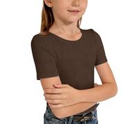 Maglietta a costine con maniche corte, scollo rotondo, morbida e casual, per bambini, comoda da indossare tutti i giorni, elasticizzata, estiva, marrone, 9-10 Anni