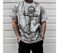 Maglietta a girocollo a maniche corte con ancora e mappa nautica, taglie forti per uomo 1XL,2XL,3XL,4XL,5XL,6XLTessuto