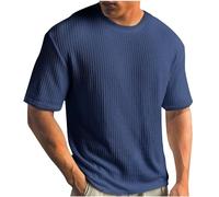 Maglietta a maglia da uomo, tinta unita, a costine, casual, girocollo, a coste, estiva, a maniche corte, leggera, comoda, basic top da fitness, S-5XL, Blu, S