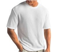 Maglietta a maglia da uomo, tinta unita, a costine, casual, girocollo, a coste, estiva, a maniche corte, leggera, comoda, basic top da fitness, S-5XL, bianco, M