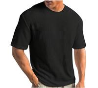Maglietta a maglia da uomo, tinta unita, a costine, casual, girocollo, a coste, estiva, a maniche corte, leggera, comoda, basic top da fitness, S-5XL, Nero , XXXL