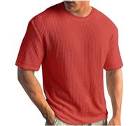 Maglietta a maglia da uomo, tinta unita, a costine, casual, girocollo, a coste, estiva, a maniche corte, leggera, comoda, basic top da fitness, S-5XL, Colore: rosso, XL