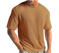 Maglietta a maglia da uomo, tinta unita, a costine, casual, girocollo, a coste, estiva, a maniche corte, leggera, comoda, basic top da fitness, S-5XL, marrone, XXL