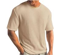 Maglietta a maglia da uomo, tinta unita, a costine, casual, girocollo, a coste, estiva, a maniche corte, leggera, comoda, basic top da fitness, S-5XL, cachi, 4XL