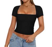 Maglietta a Manica Lunga Donna Sexy Camicette Eleganti con Manica Lunga e Scollo Quadrato in Tinta Unita Ragazza Donna Crop Tops Ragazza Top Aderente Shirt Corto Elegante (Nero B, S)