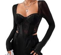 Maglietta a Manica Lunga Donna Sexy Corsetto Ragazza Basic T-Shirt Ricamo Floreale in Pizzo Patchwork con Scollo a V Slim Fit Trasparente Top Casual Aderente Shirts Corto Elegante (Nero A, L )