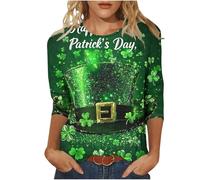 Maglietta a maniche a 3/4, da donna in Irlanda, con scollo a O, maniche a tre quarti, con stampa a quadrifoglio, casual, vestibilità normale, Lá Fhéile Pádraig Sona Duit Streetwear, verde, S