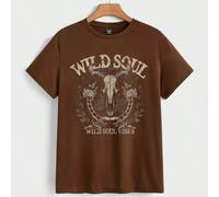 Maglietta a maniche corte aderente con stampa di un acchiappasogni con testa di toro e ossa, stile cowboy del selvaggio west, colore marrone scuro L,M,S,XL,XS,XXL,XXS,XXXL,XXXXLHalloweenTessuto in mag