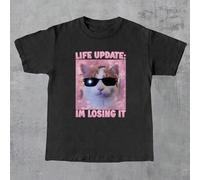 Maglietta a maniche corte casual con stampa di gatti e scritta, disponibile anche in taglie comode 0XL,1XL,2XL,3XL,4XL,5XLAnimale,Ritratto,Grafico,LettereTessuto