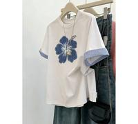 Maglietta a maniche corte casual da donna a righe e patchwork, con stampa floreale, perfetta per la stagione back-to-school, un ottimo regalo per le tue amiche, casual, semplice e di stile, nuova magl